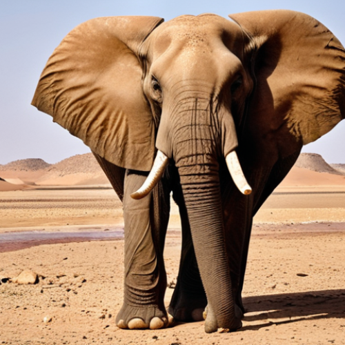 **

A majestic Sahara elephant stands amidst a vast, arid landscape in Chad. The elephant's large ears are prominently displayed, with visible wrinkles on its skin. In the background, a dry riverbed hints at the scarcity of water. The overall tone is one of resilience in a harsh environment.

**