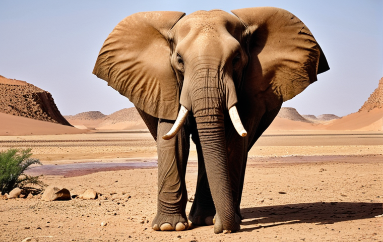 **

A majestic Sahara elephant stands amidst a vast, arid landscape in Chad. The elephant's large ears are prominently displayed, with visible wrinkles on its skin. In the background, a dry riverbed hints at the scarcity of water. The overall tone is one of resilience in a harsh environment.

**