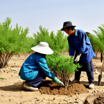 Reforestation Volunteer Scene**

A group of diverse volunteers (Japanese, local Chadians) planting saplings in a dry, arid landscape. Everyone is fully clothed in modest work attire: long sleeves, hats, and sturdy boots.  The scene depicts teamwork and hope. In the background, a small village can be seen. Perfect anatomy, correct proportions, natural pose. Safe for work, appropriate content, fully clothed, professional, family-friendly. High quality, professional photography. Focus on the positive impact of reforestation in combating desertification.

**