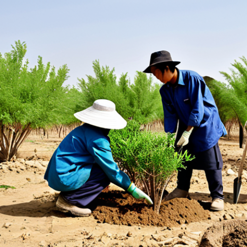 Reforestation Volunteer Scene**

A group of diverse volunteers (Japanese, local Chadians) planting saplings in a dry, arid landscape. Everyone is fully clothed in modest work attire: long sleeves, hats, and sturdy boots.  The scene depicts teamwork and hope. In the background, a small village can be seen. Perfect anatomy, correct proportions, natural pose. Safe for work, appropriate content, fully clothed, professional, family-friendly. High quality, professional photography. Focus on the positive impact of reforestation in combating desertification.

**