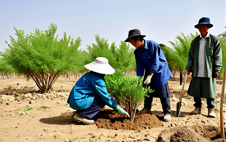 Reforestation Volunteer Scene**

A group of diverse volunteers (Japanese, local Chadians) planting saplings in a dry, arid landscape. Everyone is fully clothed in modest work attire: long sleeves, hats, and sturdy boots.  The scene depicts teamwork and hope. In the background, a small village can be seen. Perfect anatomy, correct proportions, natural pose. Safe for work, appropriate content, fully clothed, professional, family-friendly. High quality, professional photography. Focus on the positive impact of reforestation in combating desertification.

**