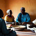 Chadian Family Meal**

"A family in Chad gathered around a low table, sharing a meal of 'boule' (sorghum porridge) and 'marah' (meat and vegetable stew), fully clothed in modest, traditional attire. The scene takes place in a simple, earthen home, with soft natural light filtering through a window. Family-friendly, safe for work, appropriate content, perfect anatomy, natural proportions, professional photography, high quality."

**