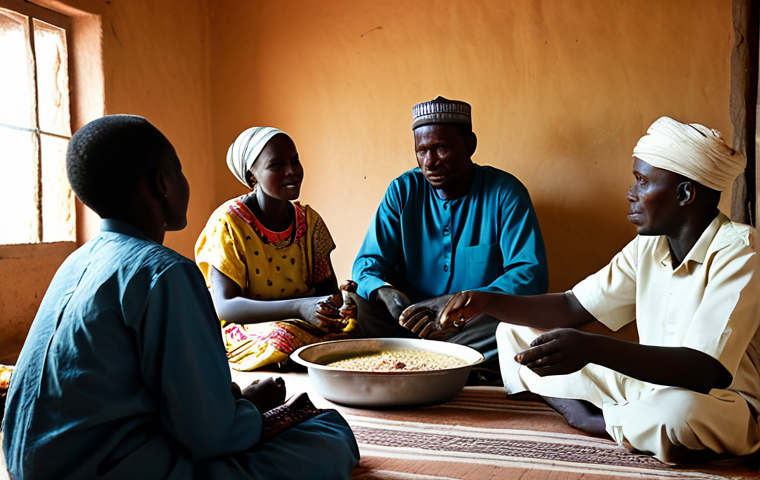 Chadian Family Meal**

"A family in Chad gathered around a low table, sharing a meal of 'boule' (sorghum porridge) and 'marah' (meat and vegetable stew), fully clothed in modest, traditional attire. The scene takes place in a simple, earthen home, with soft natural light filtering through a window. Family-friendly, safe for work, appropriate content, perfect anatomy, natural proportions, professional photography, high quality."

**