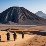 Tebesti Mountains**

"A breathtaking view of the Tebesti Mountains in Chad, showcasing volcanic rock formations under a vast desert sky. Nomadic Toubou people guide a trekking tour group, all fully clothed in modest, practical attire. Safe for work, appropriate content, perfect anatomy, natural proportions, professional photography, family-friendly."

**