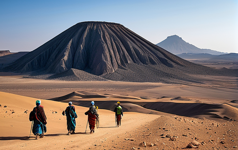 Tebesti Mountains**

"A breathtaking view of the Tebesti Mountains in Chad, showcasing volcanic rock formations under a vast desert sky. Nomadic Toubou people guide a trekking tour group, all fully clothed in modest, practical attire. Safe for work, appropriate content, perfect anatomy, natural proportions, professional photography, family-friendly."

**