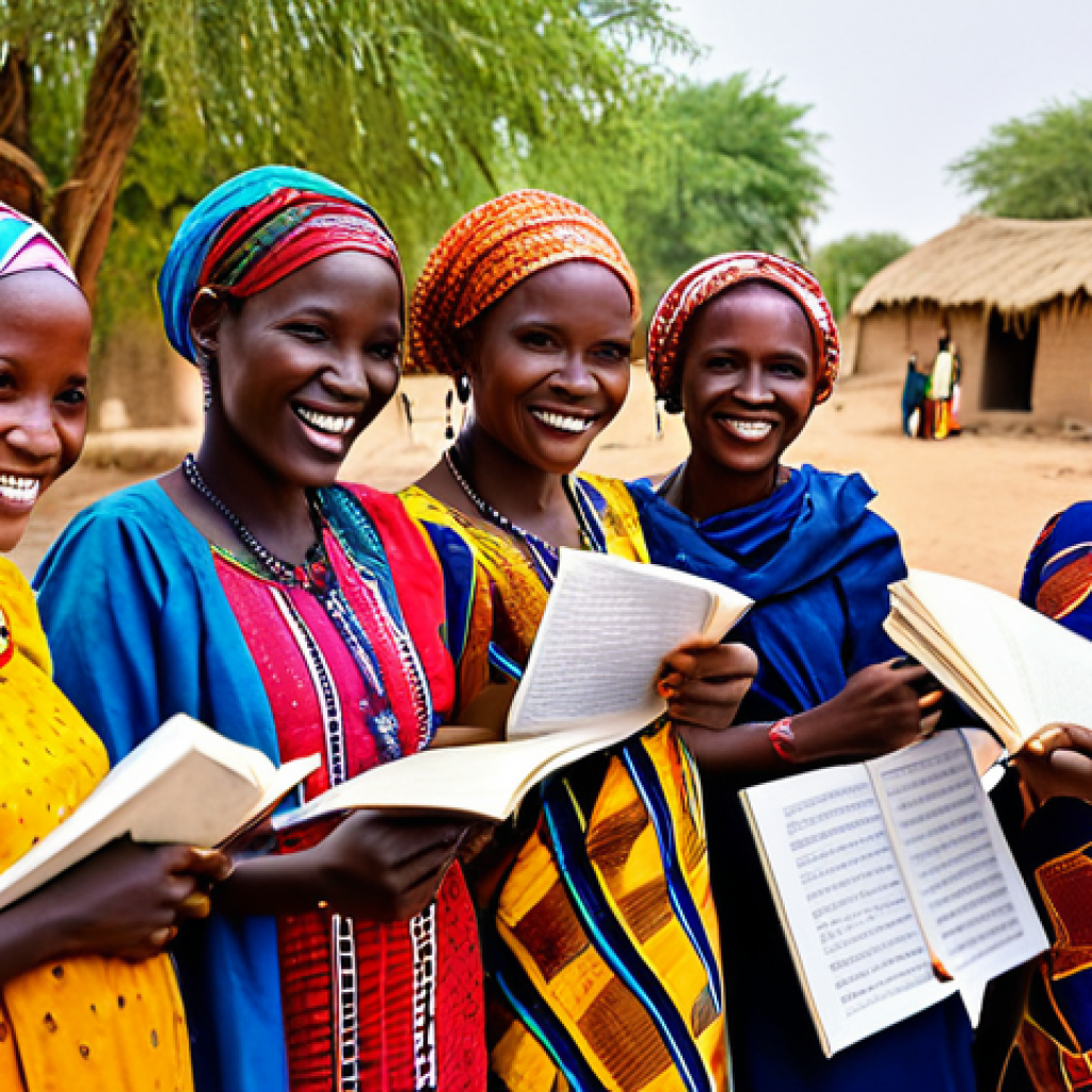 차드의 여성 인권과 사회적 역할 - A group of Chadian women in a vibrant village, attending a literacy class outdoors, fully clothed in...