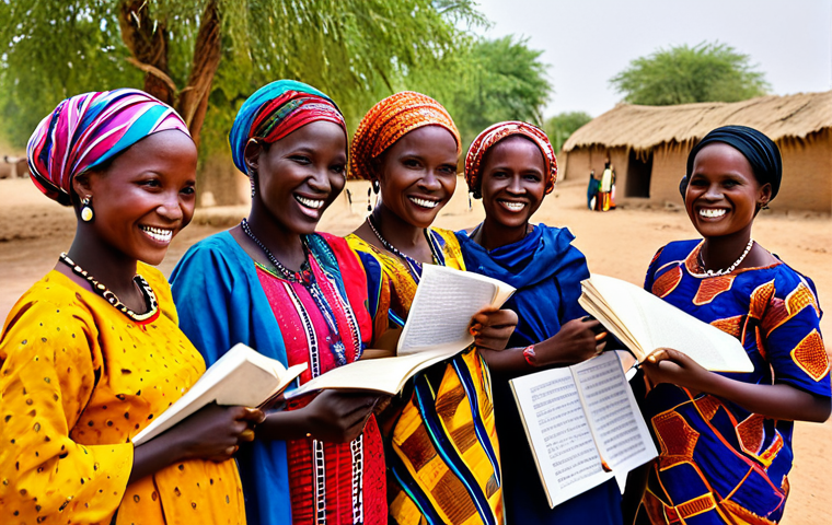 차드의 여성 인권과 사회적 역할 - A group of Chadian women in a vibrant village, attending a literacy class outdoors, fully clothed in...