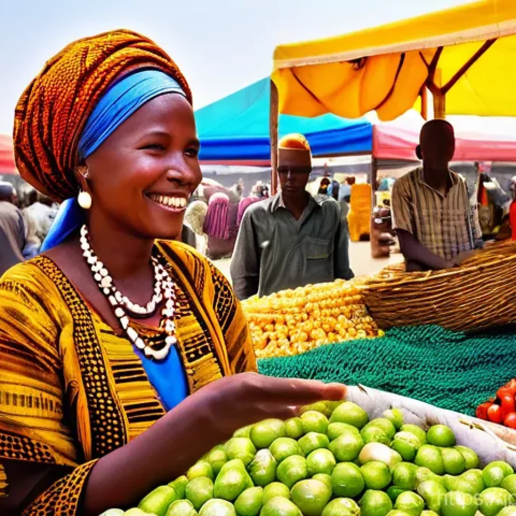 차드의 은행 시스템과 송금 방법 - **Vibrant Chadian Market Transaction with Local Currency**
A bustling and colorful outdoor marke...