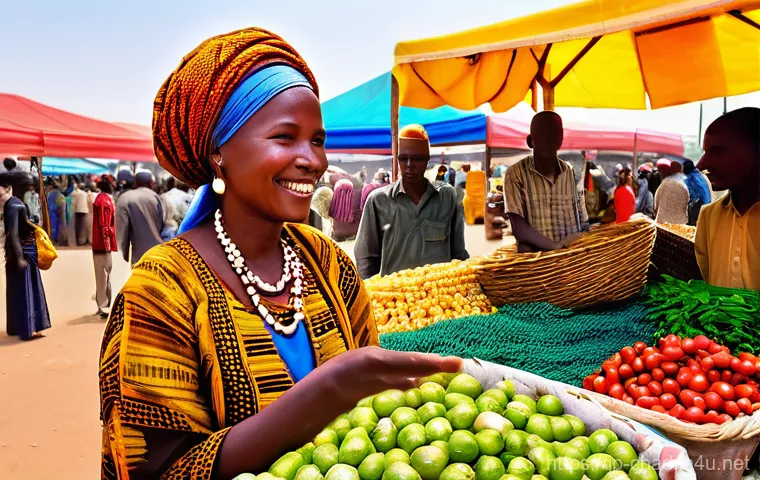 차드의 은행 시스템과 송금 방법 - **Vibrant Chadian Market Transaction with Local Currency**
    A bustling and colorful outdoor marke...