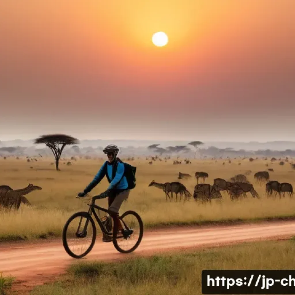 차드에서 자전거 여행 루트 - Cycling through the Vast African Savanna at Dawn**
A wide-angle, cinematic shot of a lone traveler o...