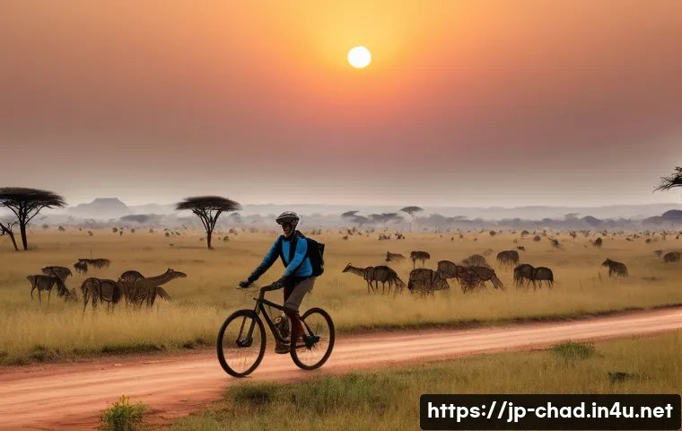 차드에서 자전거 여행 루트 - Cycling through the Vast African Savanna at Dawn**
A wide-angle, cinematic shot of a lone traveler o...