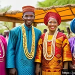 차드의 전통 혼례 문화 - A vibrant traditional wedding scene in Chad featuring a bride and groom dressed in colorful layered ...
