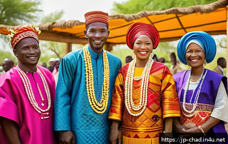 차드의 전통 혼례 문화 - A vibrant traditional wedding scene in Chad featuring a bride and groom dressed in colorful layered ...