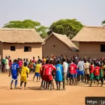차드에서 인기 있는 스포츠 - A lively village soccer match in Chad during a sunny weekend afternoon, featuring local players wear...