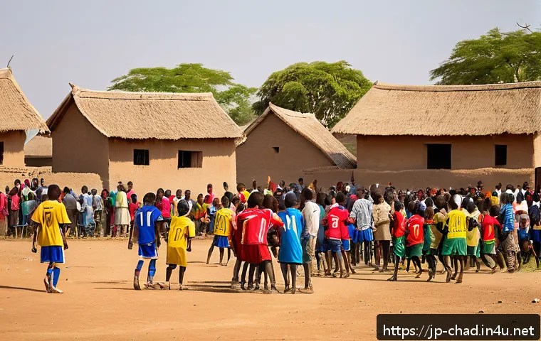 차드에서 인기 있는 스포츠 - A lively village soccer match in Chad during a sunny weekend afternoon, featuring local players wear...