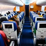 차드로 가는 직항 노선 - A vibrant scene inside an airplane cabin on a direct flight to Chad, showing diverse passengers comf...