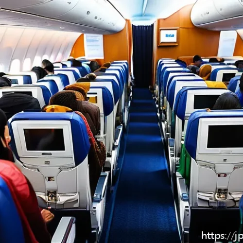차드로 가는 직항 노선 - A vibrant scene inside an airplane cabin on a direct flight to Chad, showing diverse passengers comf...