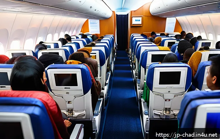 차드로 가는 직항 노선 - A vibrant scene inside an airplane cabin on a direct flight to Chad, showing diverse passengers comf...