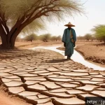 차드의 환경 문제와 대책 - A vivid rural scene in Chad during a drought, showing cracked dry soil and withered crops under a ha...