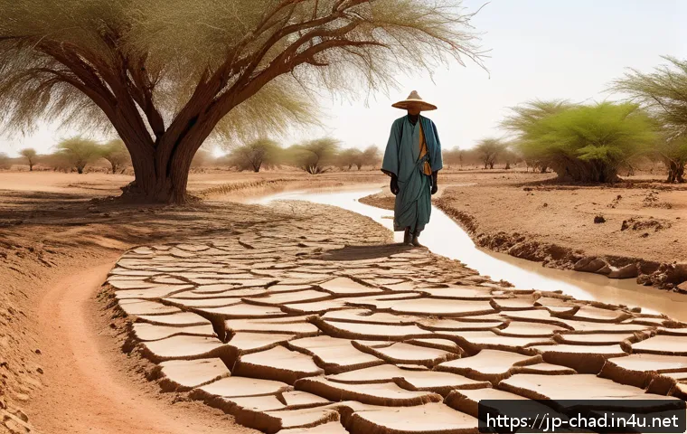 차드의 환경 문제와 대책 - A vivid rural scene in Chad during a drought, showing cracked dry soil and withered crops under a ha...