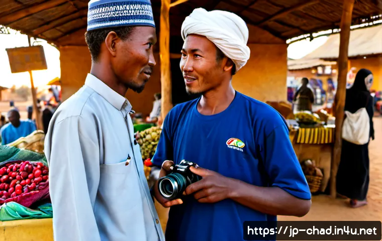 차드에서 사진 촬영 시 주의사항 - Photorealistic travel photography scene in Chad, a respectful visitor with a camera lowered at chest...