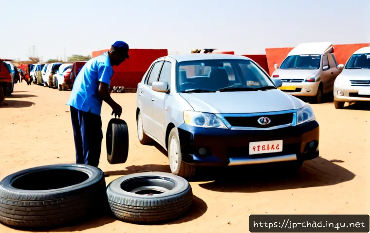 차드에서 자동차 구매와 유지비 - Photorealistic wide-angle scene of a practical compact used car being inspected at an open-air vehic...